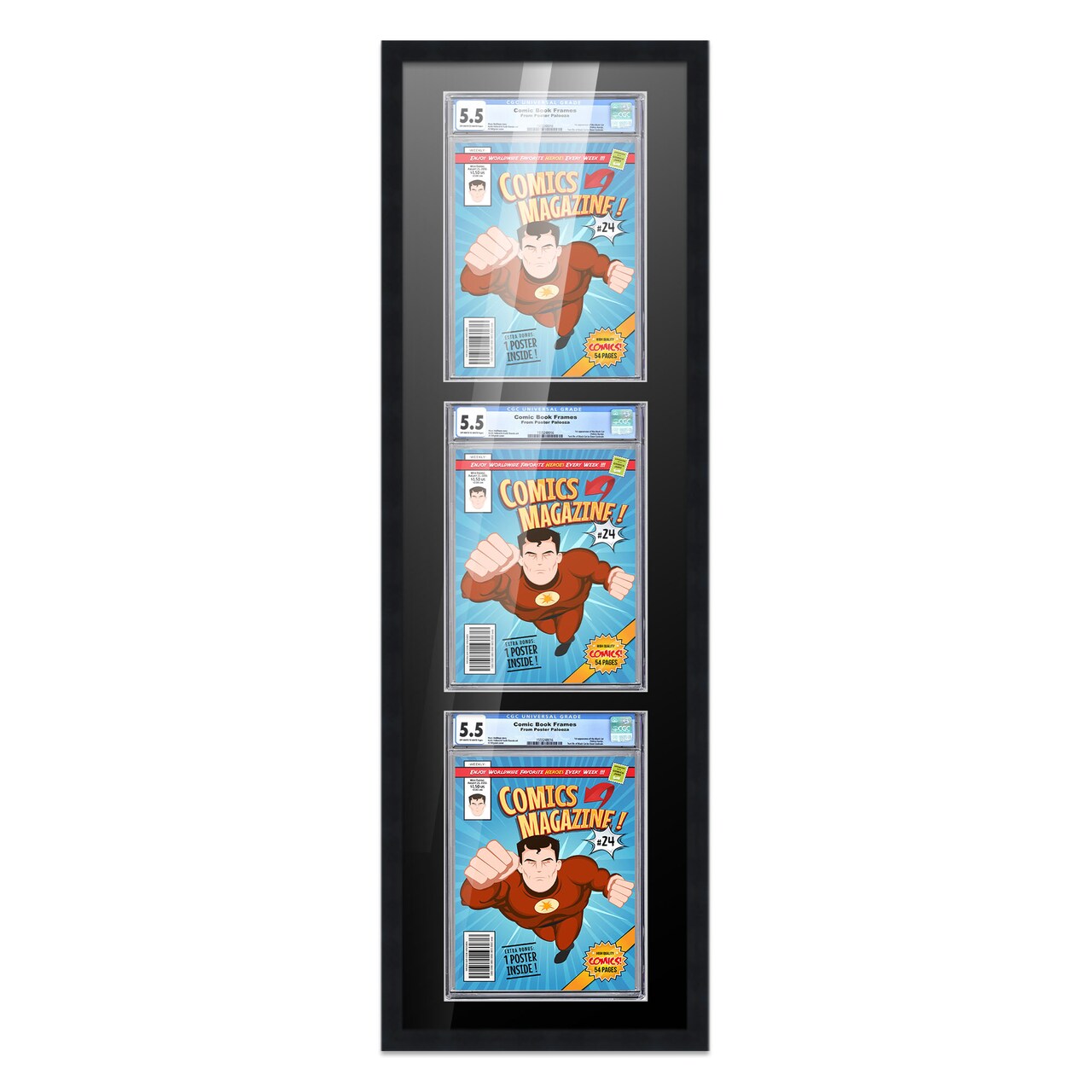 Comic Book Frame with Mat for 3 Graded Comics - Black Wood Comic Frame With Black Mat for 8.125x13 Comics - 11.75x43.5 Frame Size